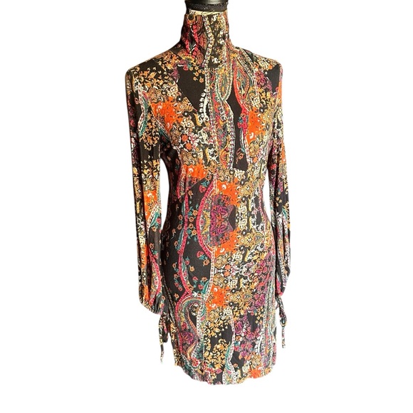 Free People All Dolled Up Paisley Boho High Neck Long Sleeve Mini Dress | S - Picture 2 of 16